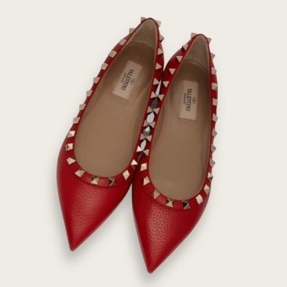 Authentic | Valentino Garavani | Rockstud Pointed Toe Flats | Red | Size 37.5 - Picture 1 of 9